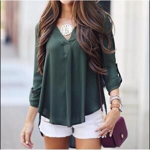 LUSH Olive Green Lightweight Roll UP Tab Sleeve Tunic Size XSMALL womens NWOT